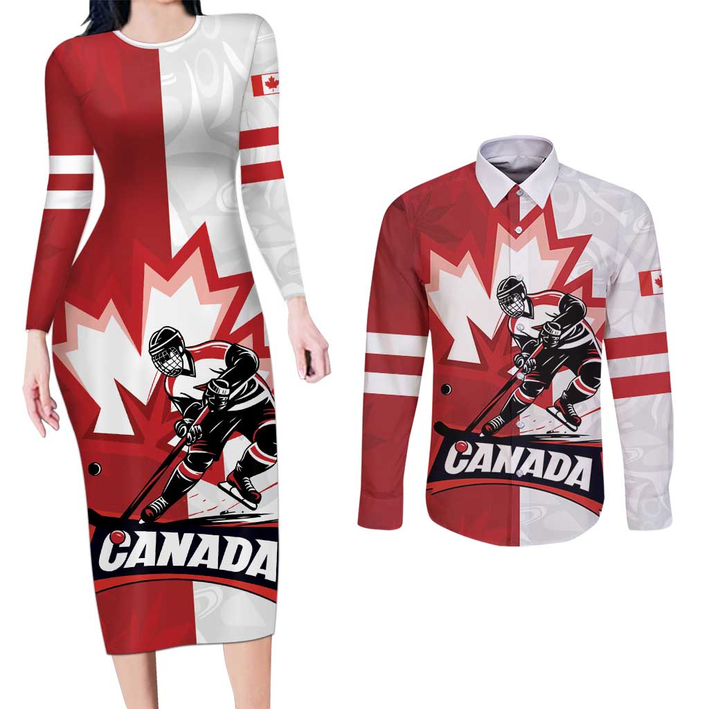 Custom Canada Ice Hockey Team Couples Matching Long Sleeve Bodycon Dress and Long Sleeve Button Shirt Maple Leaf Go Champions