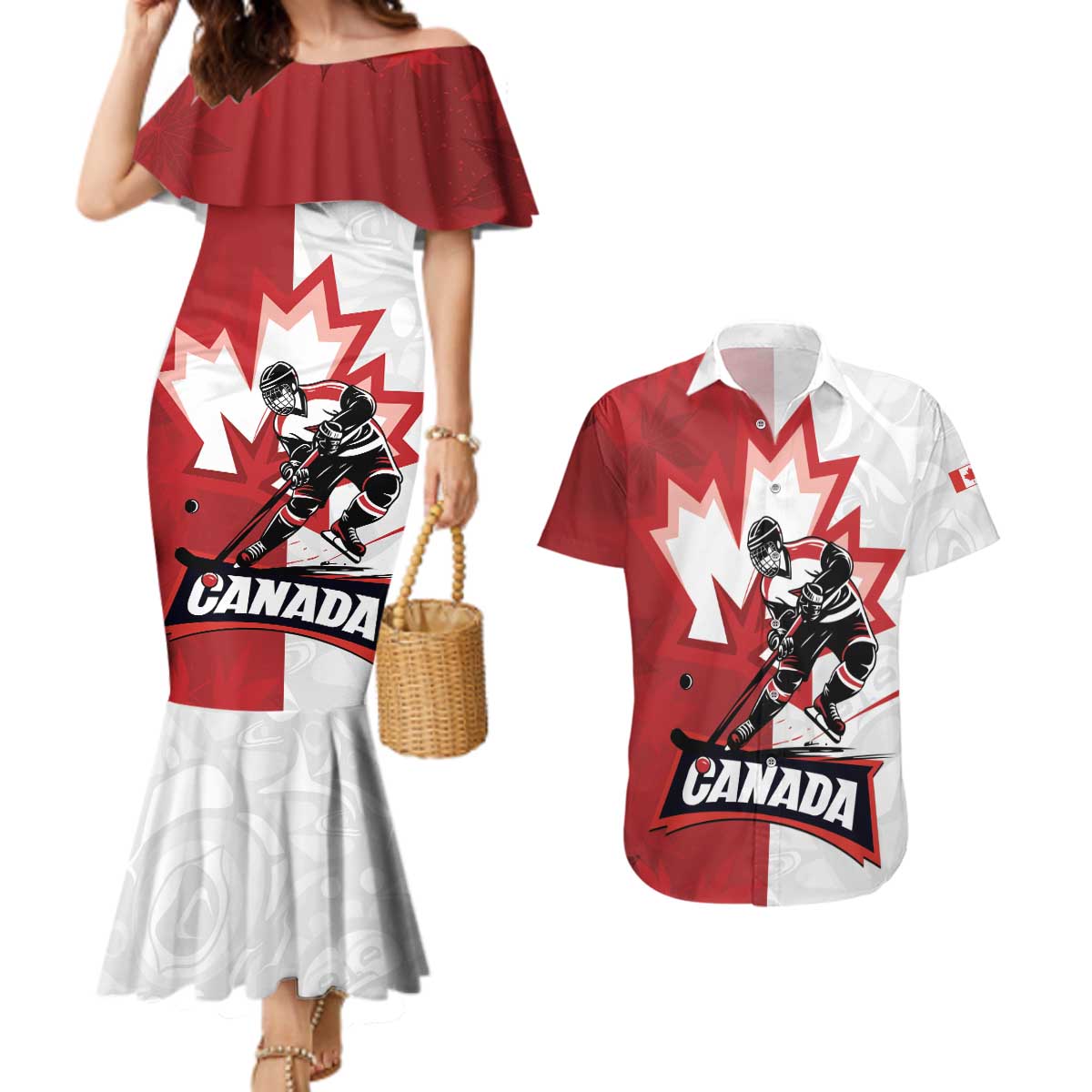 Custom Canada Ice Hockey Team Couples Matching Mermaid Dress and Hawaiian Shirt Maple Leaf Go Champions