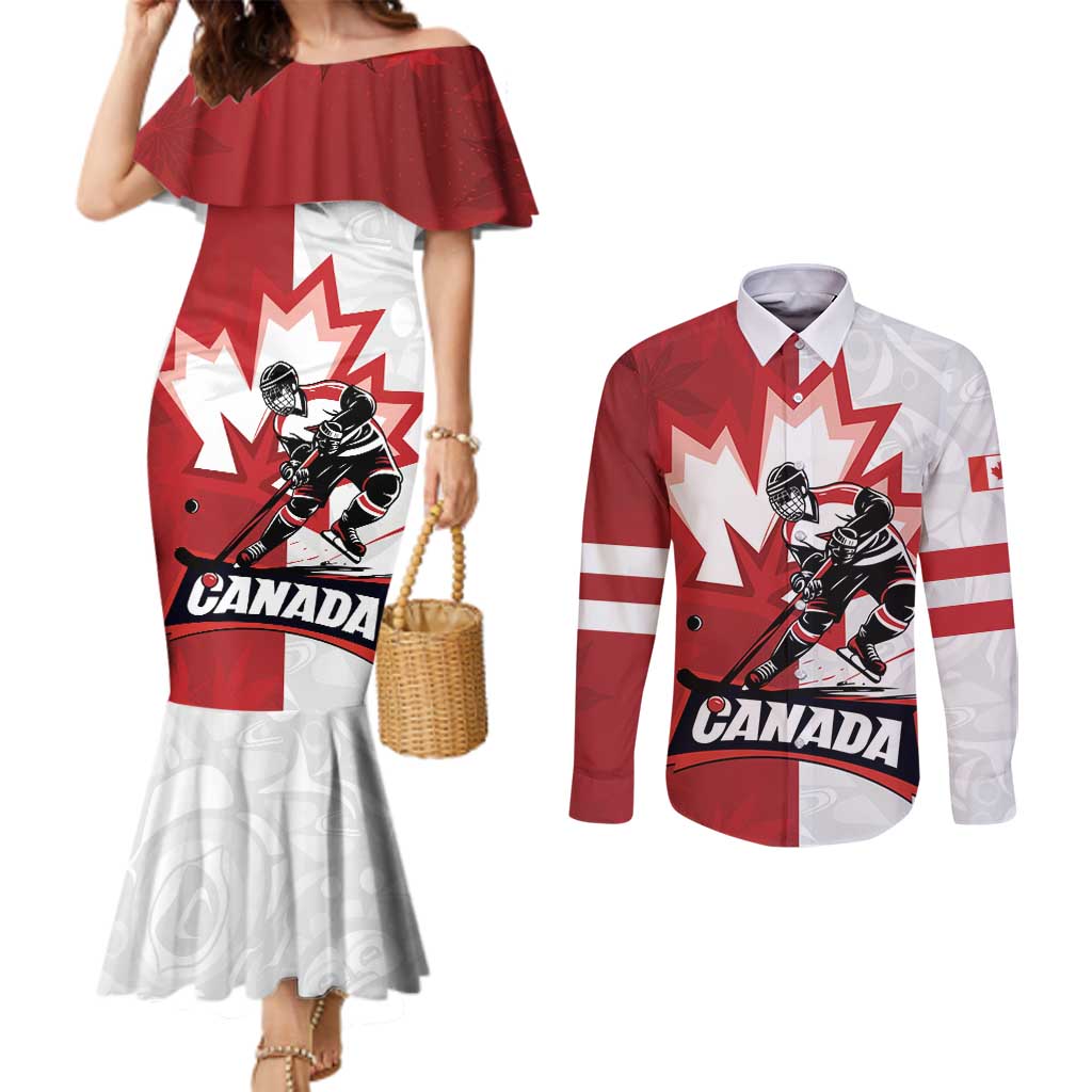 Custom Canada Ice Hockey Team Couples Matching Mermaid Dress and Long Sleeve Button Shirt Maple Leaf Go Champions