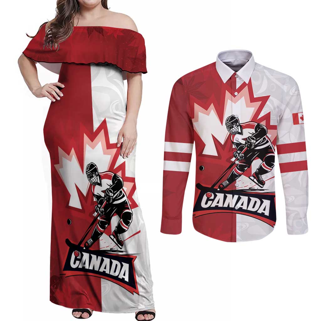 Custom Canada Ice Hockey Team Couples Matching Off Shoulder Maxi Dress and Long Sleeve Button Shirt Maple Leaf Go Champions