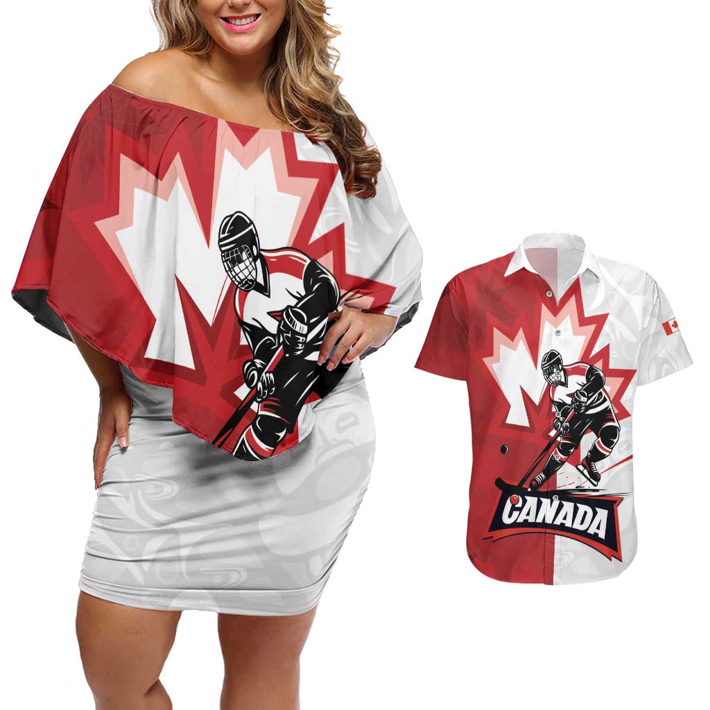 Custom Canada Ice Hockey Team Couples Matching Off Shoulder Short Dress and Hawaiian Shirt Maple Leaf Go Champions