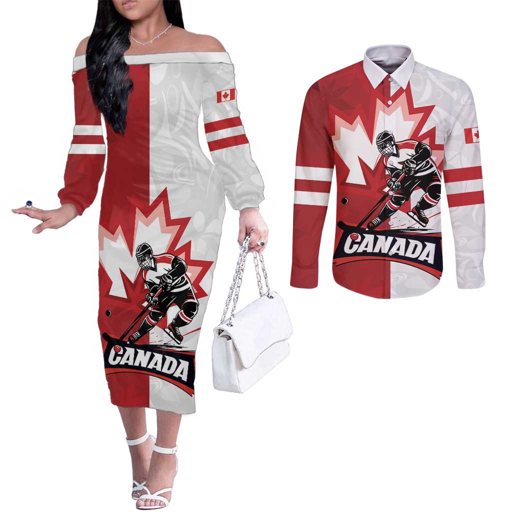 Custom Canada Ice Hockey Team Couples Matching Off The Shoulder Long Sleeve Dress and Long Sleeve Button Shirt Maple Leaf Go Champions