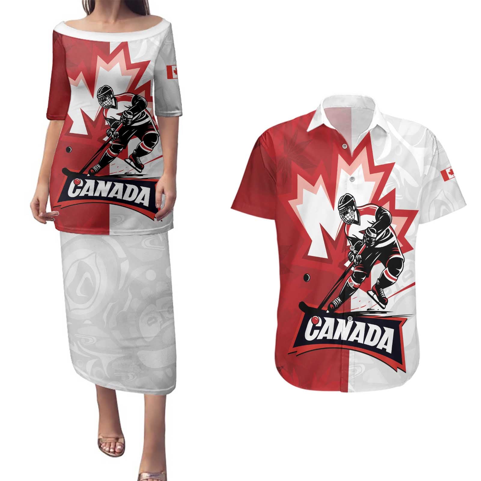 Custom Canada Ice Hockey Team Couples Matching Puletasi and Hawaiian Shirt Maple Leaf Go Champions