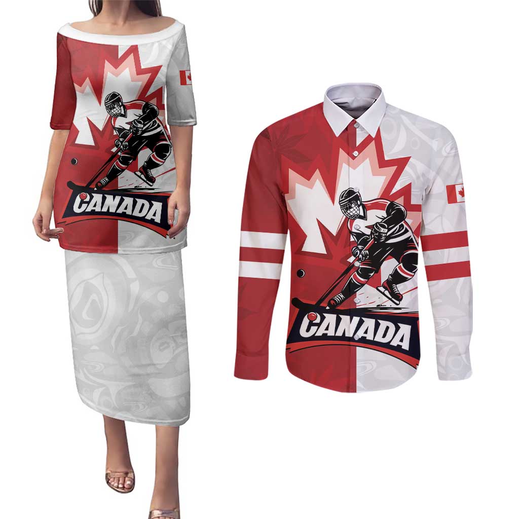 Custom Canada Ice Hockey Team Couples Matching Puletasi and Long Sleeve Button Shirt Maple Leaf Go Champions