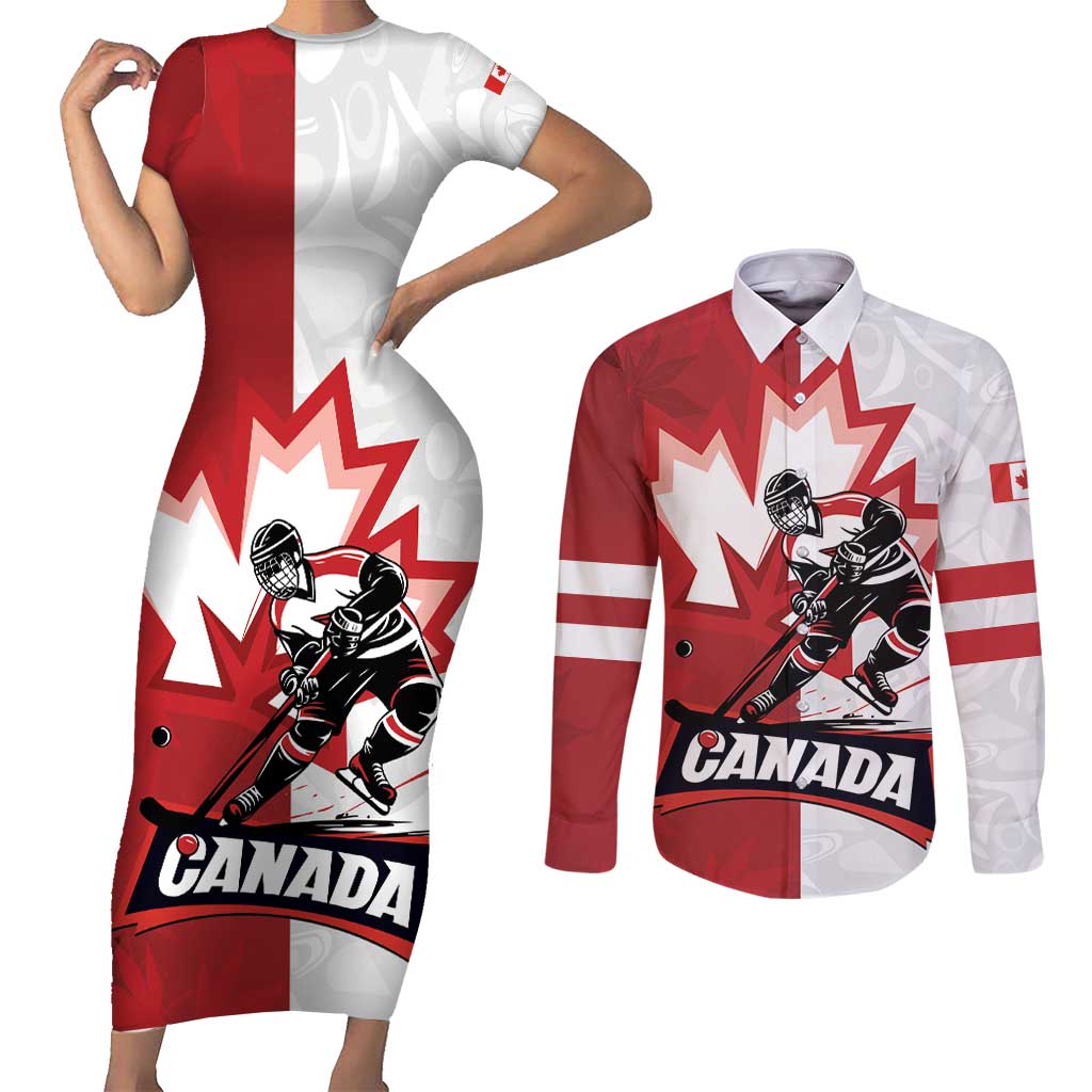 Custom Canada Ice Hockey Team Couples Matching Short Sleeve Bodycon Dress and Long Sleeve Button Shirt Maple Leaf Go Champions