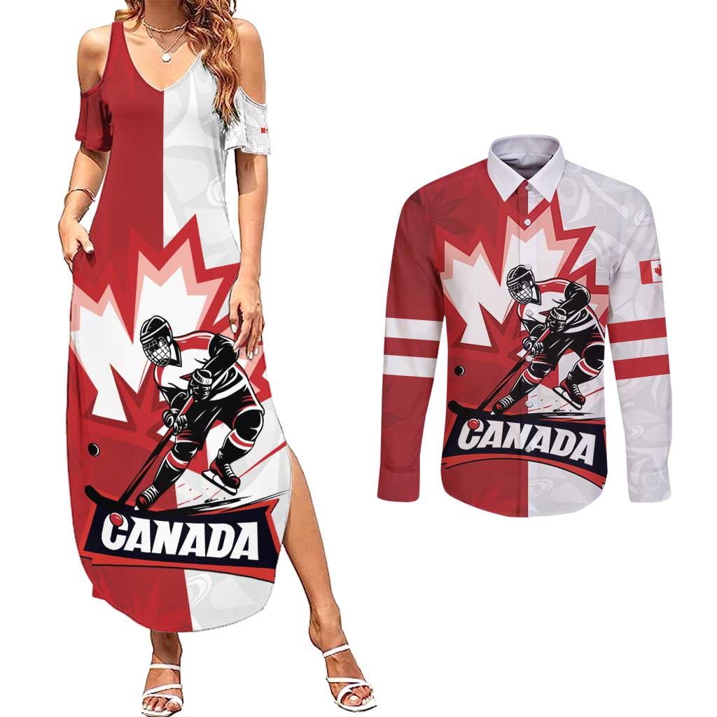 Custom Canada Ice Hockey Team Couples Matching Summer Maxi Dress and Long Sleeve Button Shirt Maple Leaf Go Champions