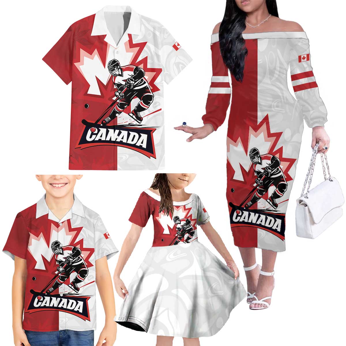 Custom Canada Ice Hockey Team Family Matching Off The Shoulder Long Sleeve Dress and Hawaiian Shirt Maple Leaf Go Champions