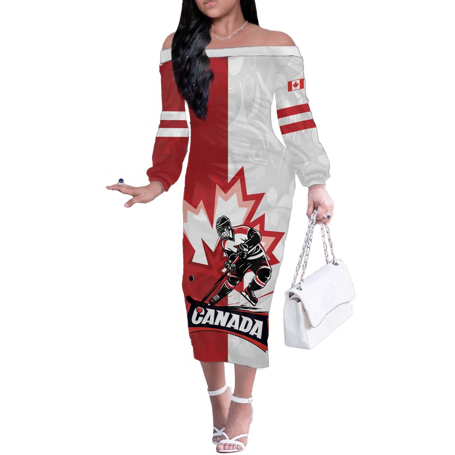 Custom Canada Ice Hockey Team Off The Shoulder Long Sleeve Dress Maple Leaf Go Champions