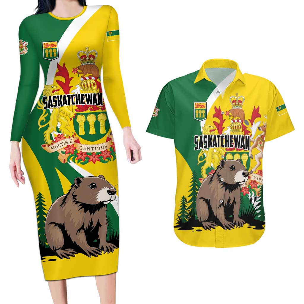 Personalized Canada Saskatchewan Province Couples Matching Long Sleeve Bodycon Dress and Hawaiian Shirt Multis e Gentibus Vires