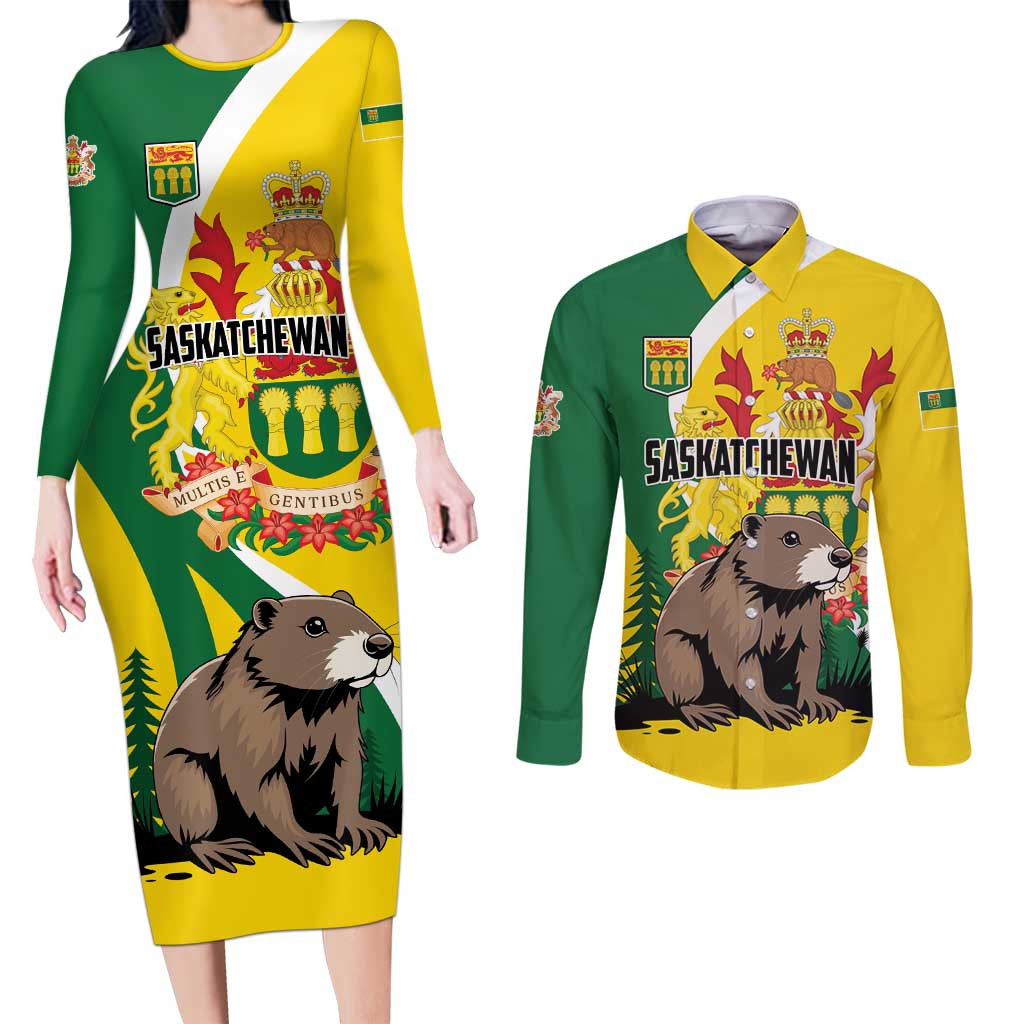 Personalized Canada Saskatchewan Province Couples Matching Long Sleeve Bodycon Dress and Long Sleeve Button Shirt Multis e Gentibus Vires