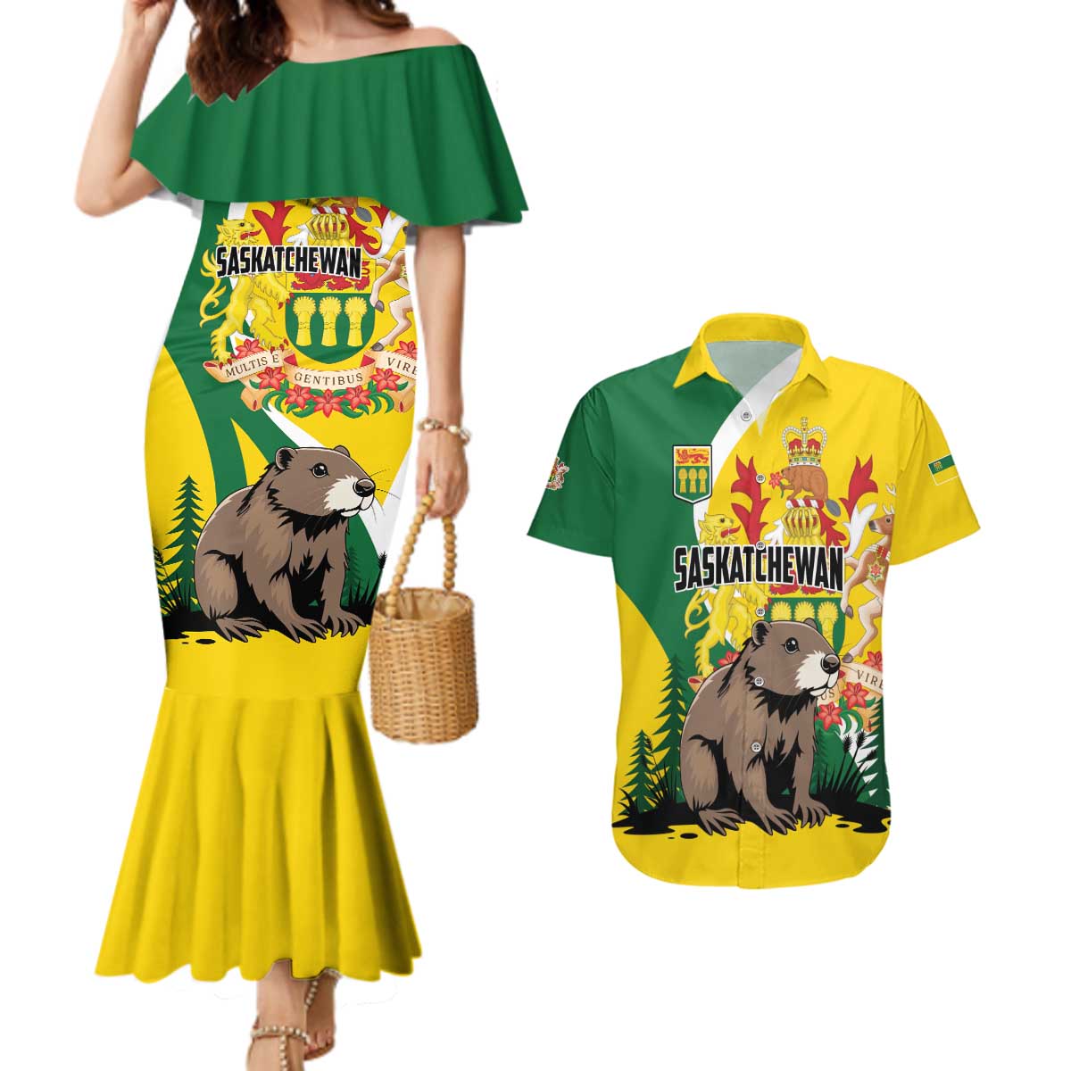 Personalized Canada Saskatchewan Province Couples Matching Mermaid Dress and Hawaiian Shirt Multis e Gentibus Vires