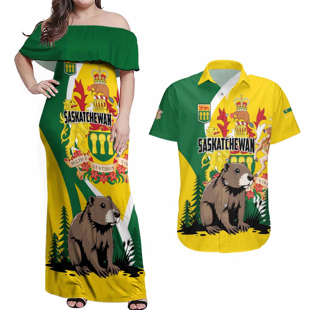 Personalized Canada Saskatchewan Province Couples Matching Off Shoulder Maxi Dress and Hawaiian Shirt Multis e Gentibus Vires