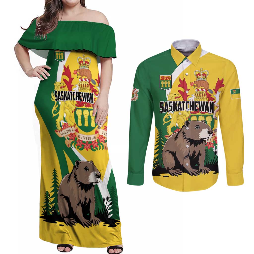 Personalized Canada Saskatchewan Province Couples Matching Off Shoulder Maxi Dress and Long Sleeve Button Shirt Multis e Gentibus Vires