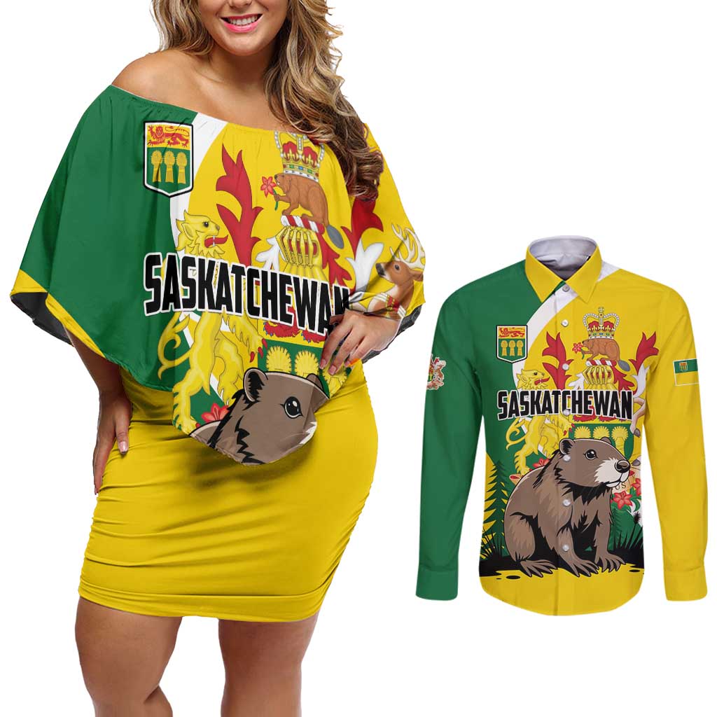 Personalized Canada Saskatchewan Province Couples Matching Off Shoulder Short Dress and Long Sleeve Button Shirt Multis e Gentibus Vires