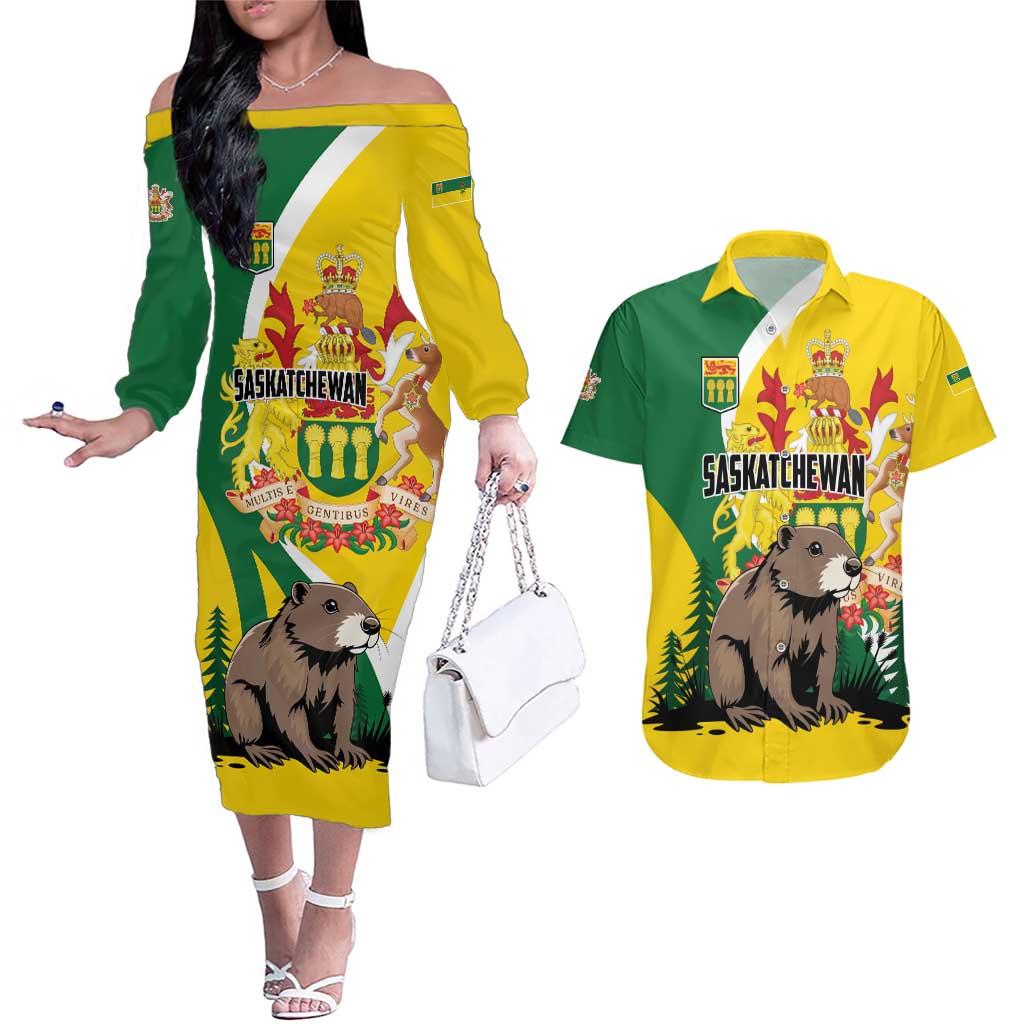 Personalized Canada Saskatchewan Province Couples Matching Off The Shoulder Long Sleeve Dress and Hawaiian Shirt Multis e Gentibus Vires