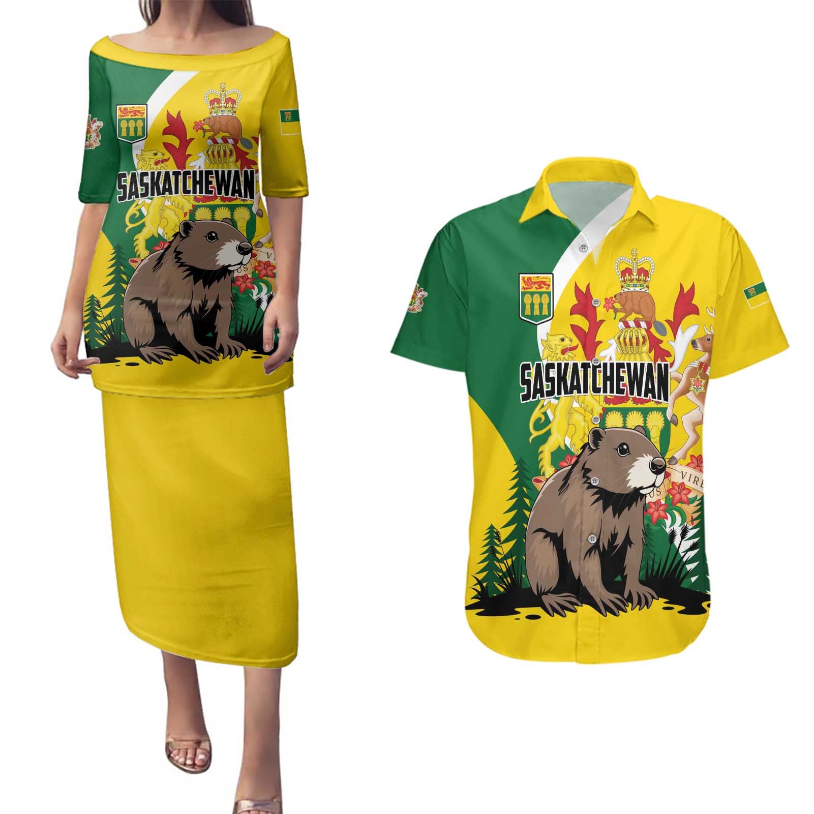 Personalized Canada Saskatchewan Province Couples Matching Puletasi and Hawaiian Shirt Multis e Gentibus Vires