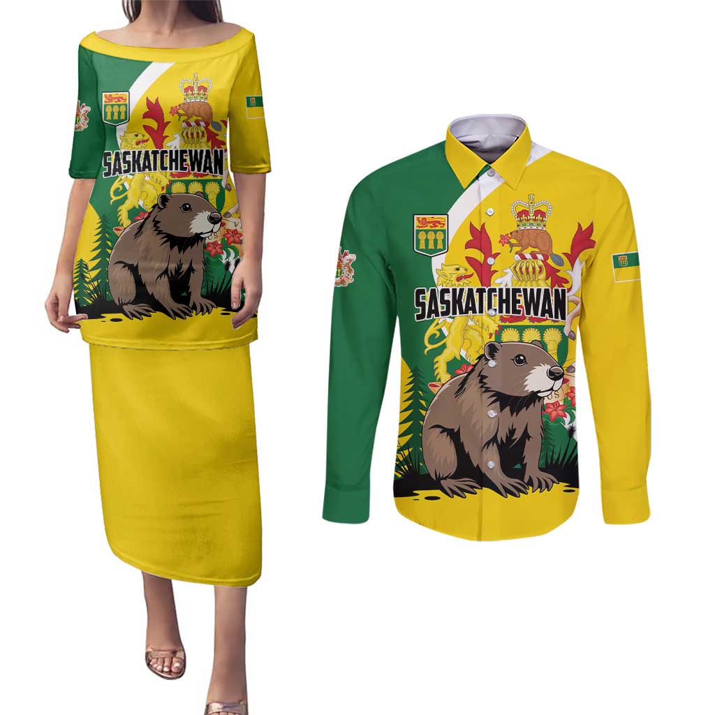 Personalized Canada Saskatchewan Province Couples Matching Puletasi and Long Sleeve Button Shirt Multis e Gentibus Vires