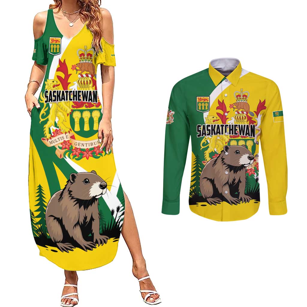 Personalized Canada Saskatchewan Province Couples Matching Summer Maxi Dress and Long Sleeve Button Shirt Multis e Gentibus Vires