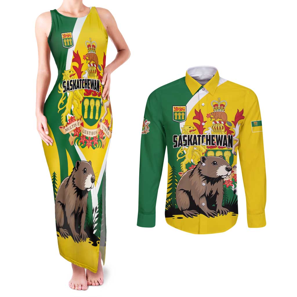 Personalized Canada Saskatchewan Province Couples Matching Tank Maxi Dress and Long Sleeve Button Shirt Multis e Gentibus Vires