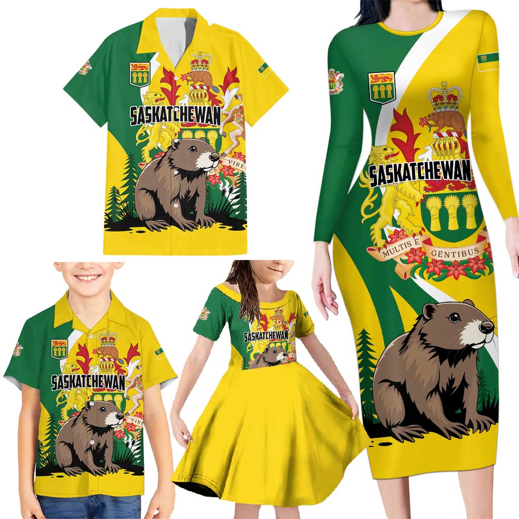 Personalized Canada Saskatchewan Province Family Matching Long Sleeve Bodycon Dress and Hawaiian Shirt Multis e Gentibus Vires