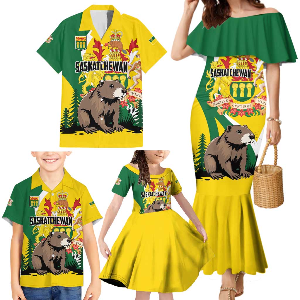 Personalized Canada Saskatchewan Province Family Matching Mermaid Dress and Hawaiian Shirt Multis e Gentibus Vires