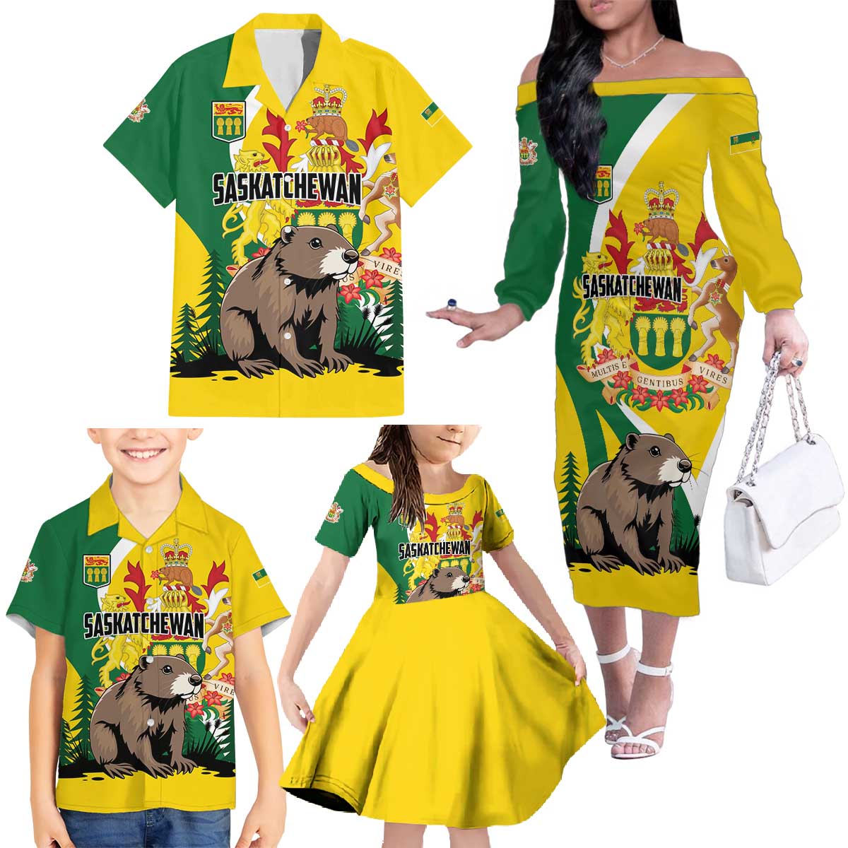 Personalized Canada Saskatchewan Province Family Matching Off The Shoulder Long Sleeve Dress and Hawaiian Shirt Multis e Gentibus Vires