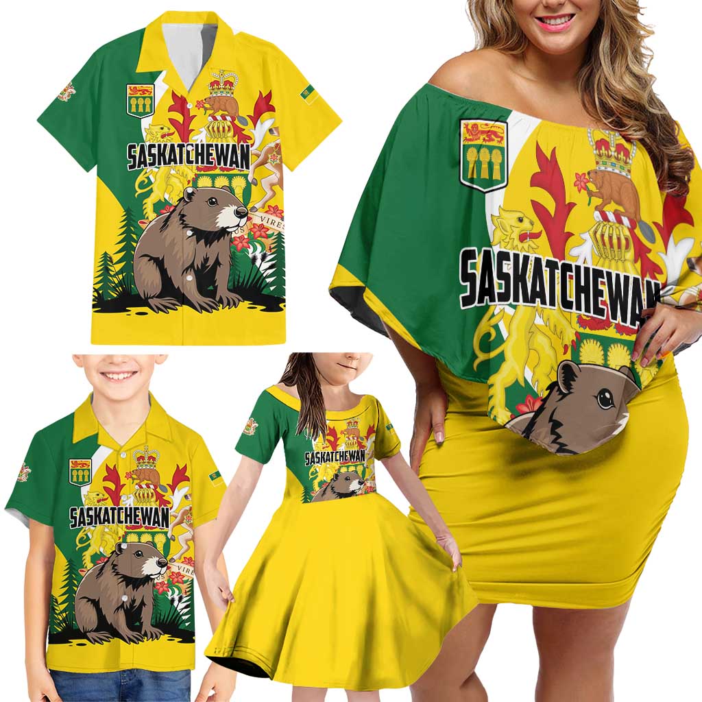 Personalized Canada Saskatchewan Province Family Matching Off Shoulder Short Dress and Hawaiian Shirt Multis e Gentibus Vires