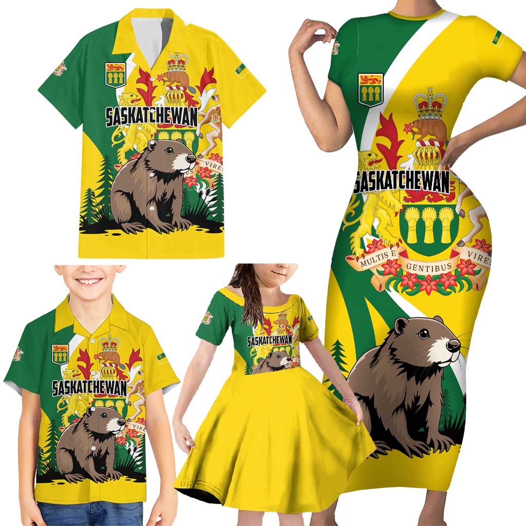 Personalized Canada Saskatchewan Province Family Matching Short Sleeve Bodycon Dress and Hawaiian Shirt Multis e Gentibus Vires