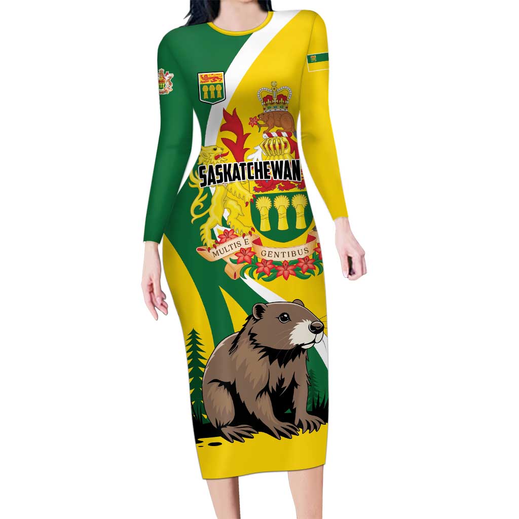 Personalized Canada Saskatchewan Province Long Sleeve Bodycon Dress Multis e Gentibus Vires