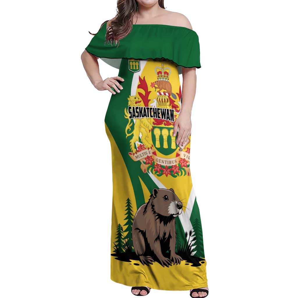 Personalized Canada Saskatchewan Province Off Shoulder Maxi Dress Multis e Gentibus Vires