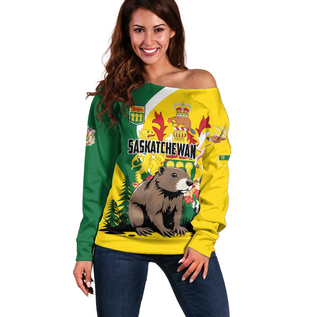 Personalized Canada Saskatchewan Province Off Shoulder Sweater Multis e Gentibus Vires