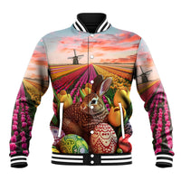 Baseball jacket with colorful tulip field graphic and bunny on button front, ribbed trim