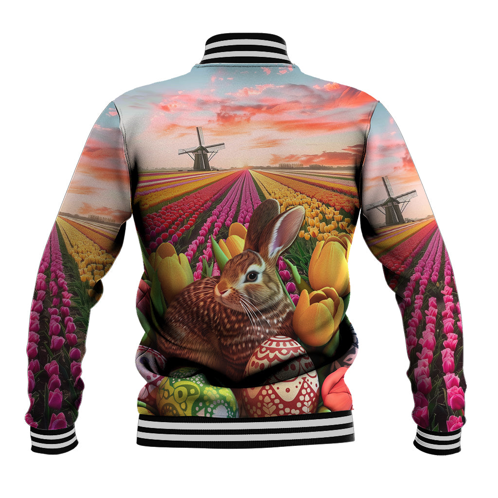 Baseball jacket back view with tulip field scene and bunny, striped ribbed collar and cuffs
