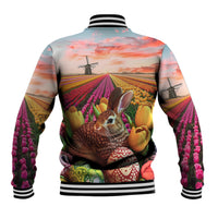 Baseball jacket back view with tulip field scene and bunny, striped ribbed collar and cuffs