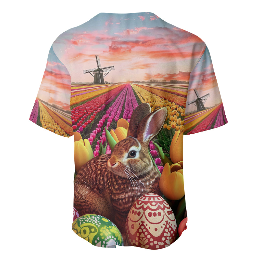 Back baseball jersey with tulip field scene and windmill graphics, V-neck