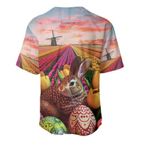 Back baseball jersey with tulip field scene and windmill graphics, V-neck
