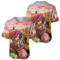 Baseball jerseys set with tulip field, bunny and Easter egg graphics, V-neck