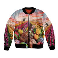 Unisex bomber jacket with zip, multicolor Easter tulip field and bunny print