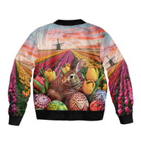 Unisex bomber jacket, tulip field print with bunny and decorated eggs, ribbed cuffs