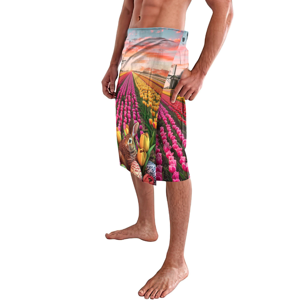 Men's lavalava shorts with tulip field print and easter motifs, elastic waistband
