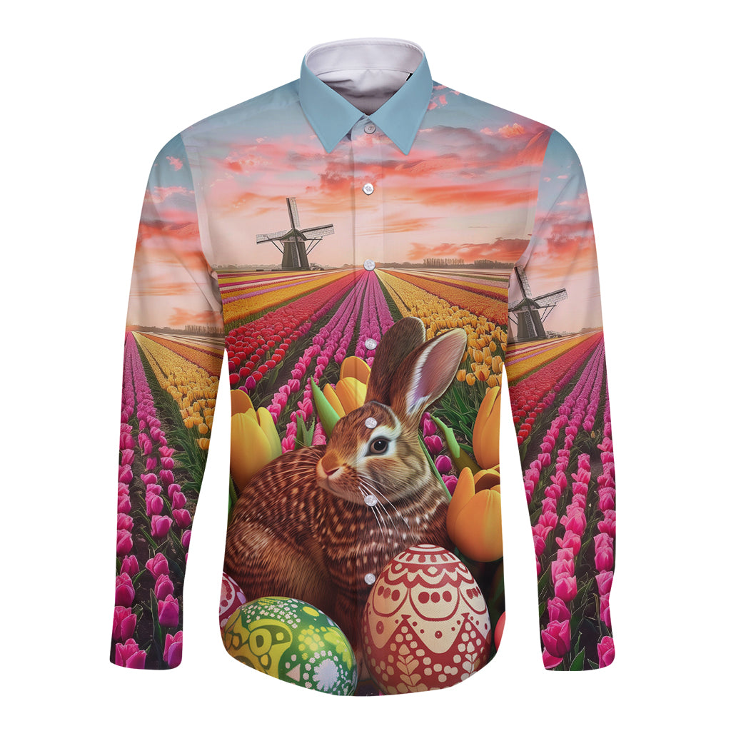Long-sleeve button shirt with colorful tulip field print and Easter bunny holding eggs