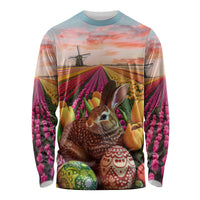 Long sleeve shirt with bunny, tulip field, windmill, and decorated Easter eggs