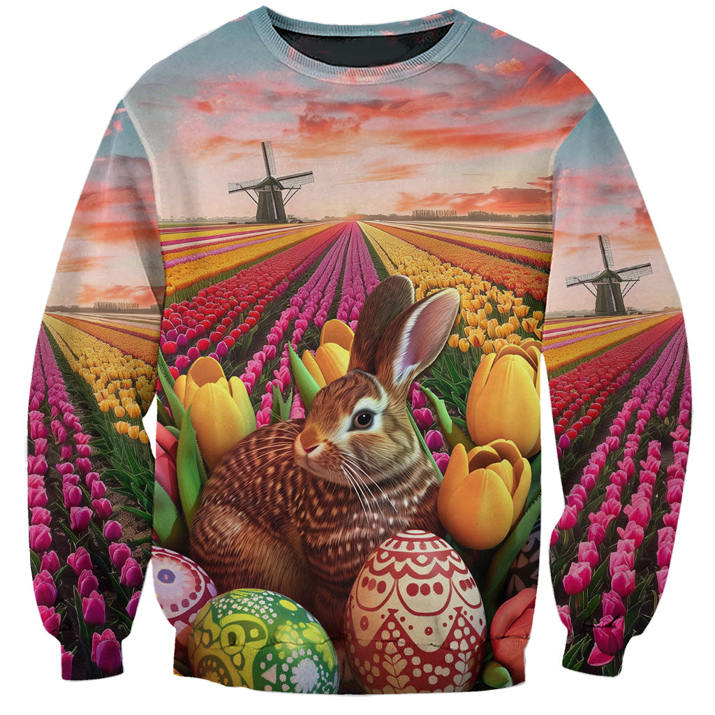 Unisex Easter sweatshirt with bunny face and tulip field full-color graphic