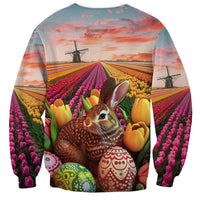 Unisex Easter sweatshirt with bunny and colorful tulips plus egg decorations