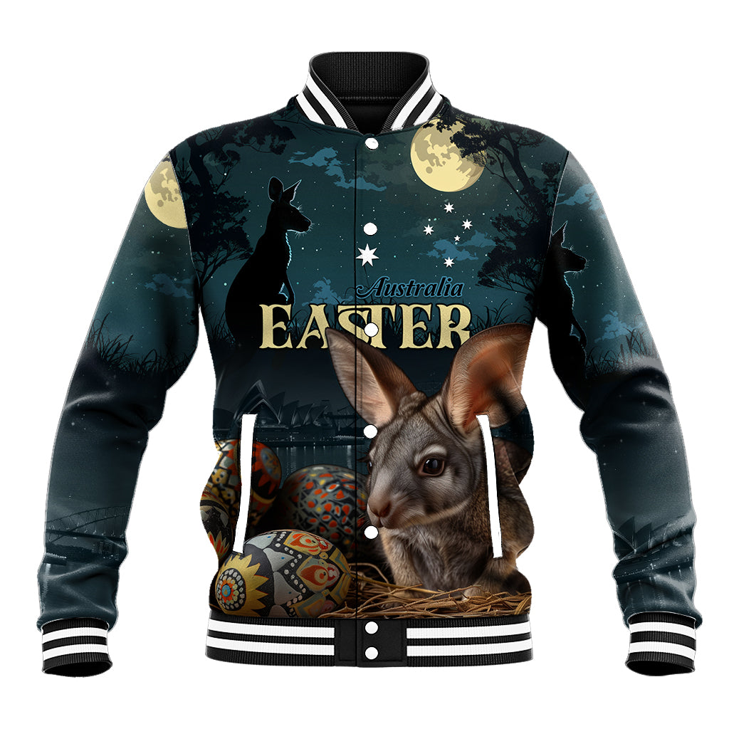 Easter baseball jacket with bunny and egg graphics, black/teal varsity rib trim