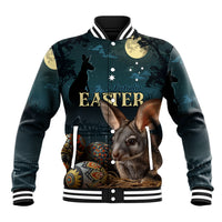 Easter baseball jacket with bunny and egg graphics, black/teal varsity rib trim