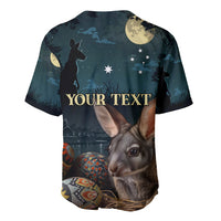 Men’s baseball jersey with bunny and Easter eggs, starry night print, dark blue, “Your Text”
