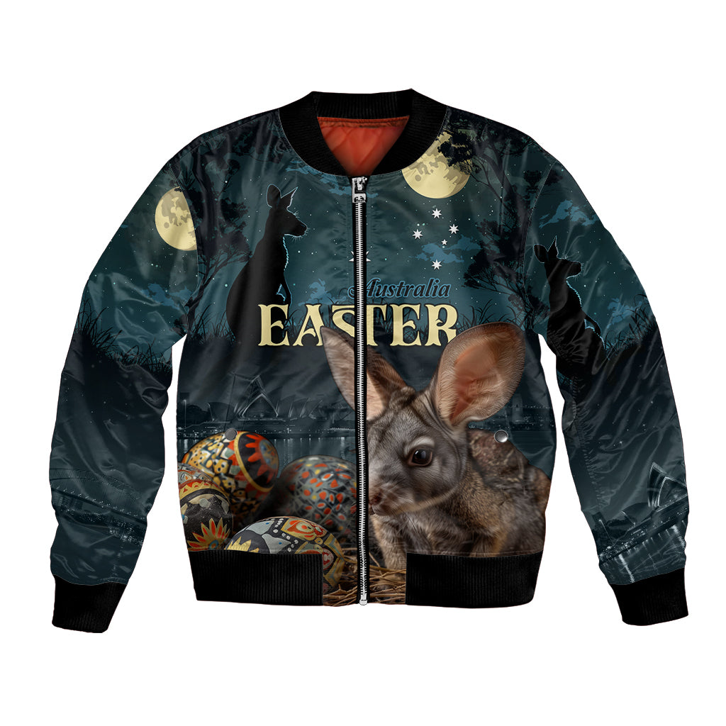 Bomber jacket with zipper, dark blue print of bunny and Easter eggs