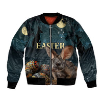Bomber jacket with zipper, dark blue print of bunny and Easter eggs