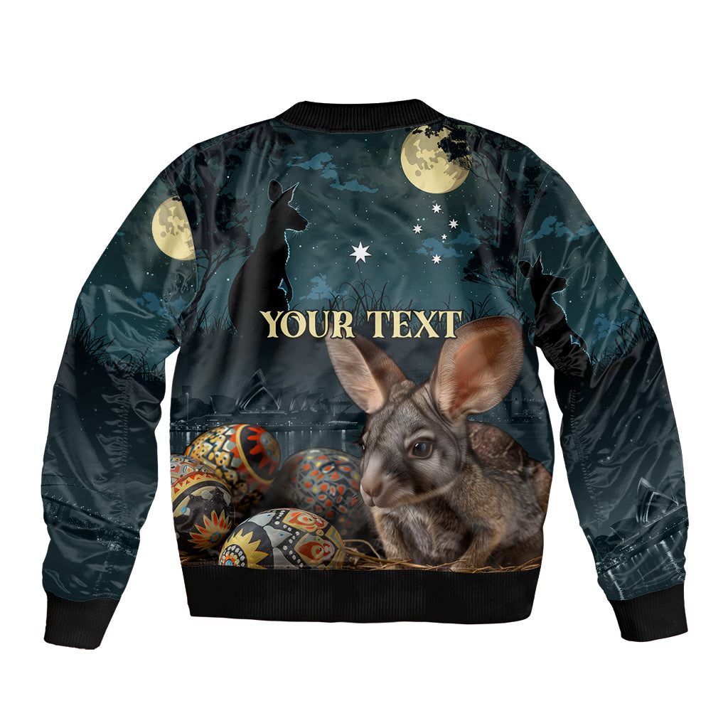 Bomber jacket with zipper, blue print of bunny with Easter eggs and stars
